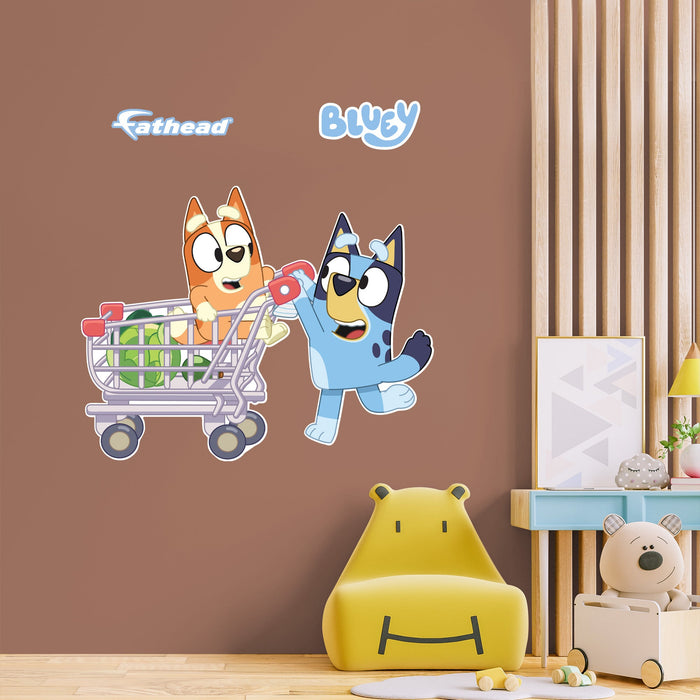 Fathead Bluey: Bluey & Bingo Sisters Shopping Trolley Icon - Officially Licensed BBC Removable Adhesive Decal