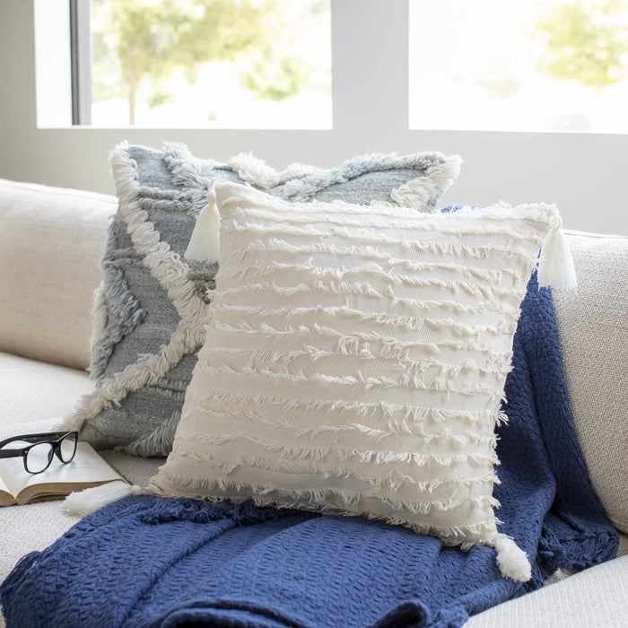 Hauteloom Odon Textured Ivory Tassel Square Pillow