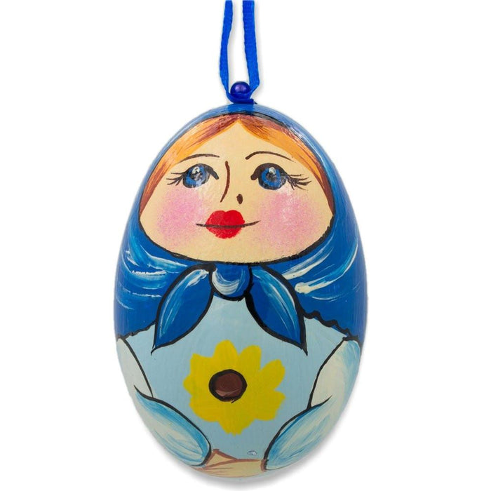 BestPysanky Nesting Doll  Blue Scarf Wooden Egg Ornament 3 Inches