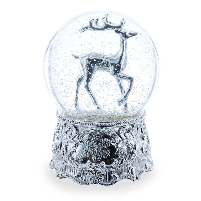 BestPysanky Silver Reindeer Serenade Musical Christmas Water Snow Globe