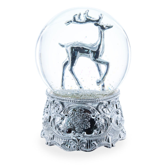 BestPysanky Silver Reindeer Serenade Musical Christmas Water Snow Globe