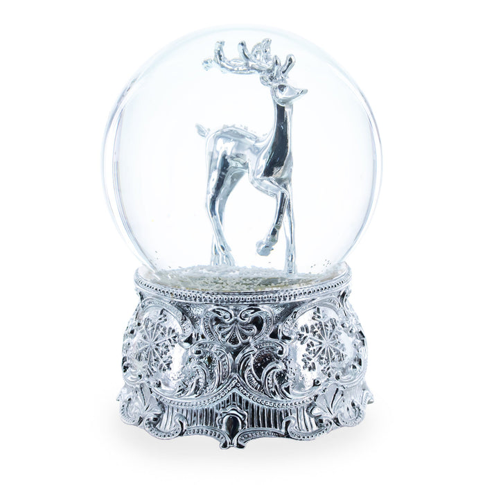 BestPysanky Silver Reindeer Serenade Musical Christmas Water Snow Globe