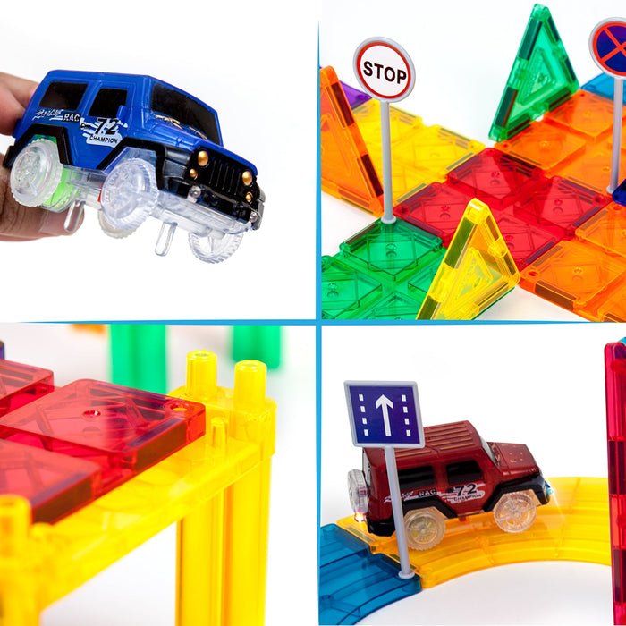 Picasso Tiles 128 Piece Magnetic Kids Toy Building Kit Race Track Set w/ 3 Cars