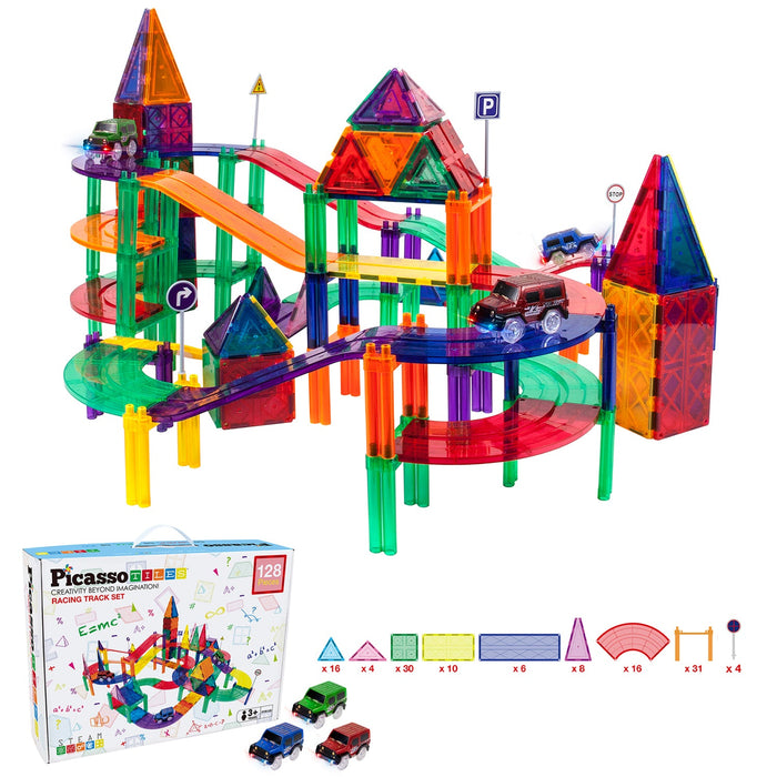 Picasso Tiles 128 Piece Magnetic Kids Toy Building Kit Race Track Set w/ 3 Cars