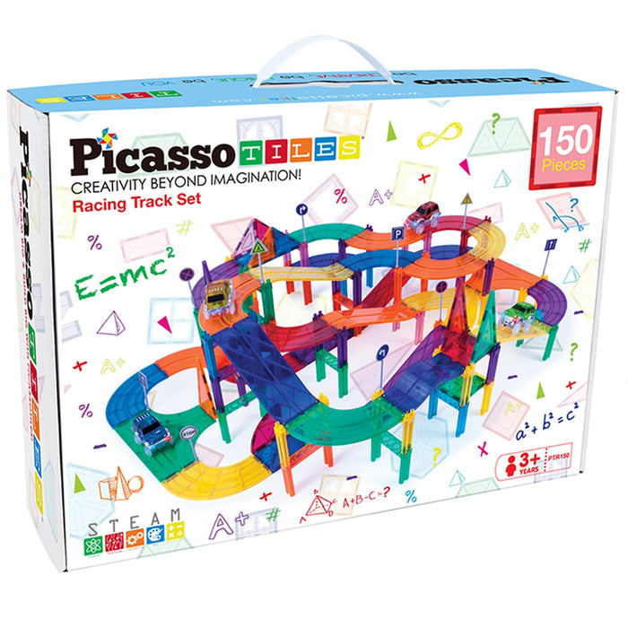 Picasso Tiles 150 Piece Magnetic Kids Toy Building Kit Race Track Set w/ 4 Cars