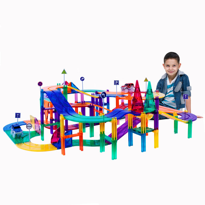 Picasso Tiles 150 Piece Magnetic Kids Toy Building Kit Race Track Set w/ 4 Cars