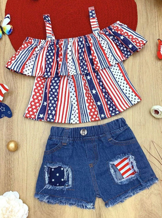 Mia Belle Girls Stars and Stripes Patched Denim Shorts Set