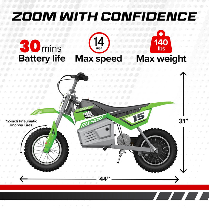 Razor MX400 Dirt Rocket 24V Electric Toy Motocross Motorcycle Dirt Bike, Green