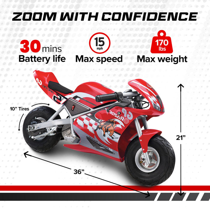 Razor 24V Mini Electric Bike 1 Speed Dirt Racing Motorcycle Pocket Rocket, Red