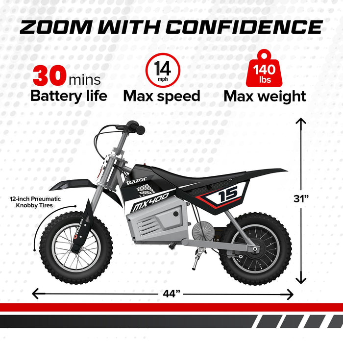 Razor MX400 Dirt Rocket 24V Electric Toy Motocross Motorcycle Dirt Bike, Black