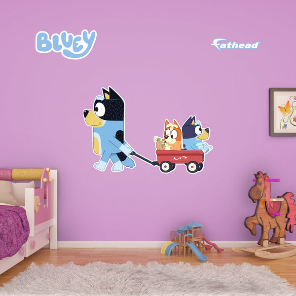 Fathead Bluey: Bandit, Bluey, Bingo Wagon Ride Icon - Officially Licensed BBC Removable Adhesive Decal