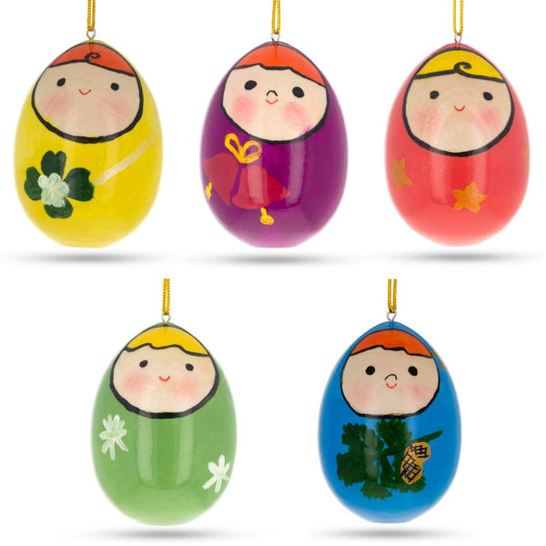 BestPysanky Set of 5 Wooden Egg Shaped Matryoshka Nesting Doll Ornaments