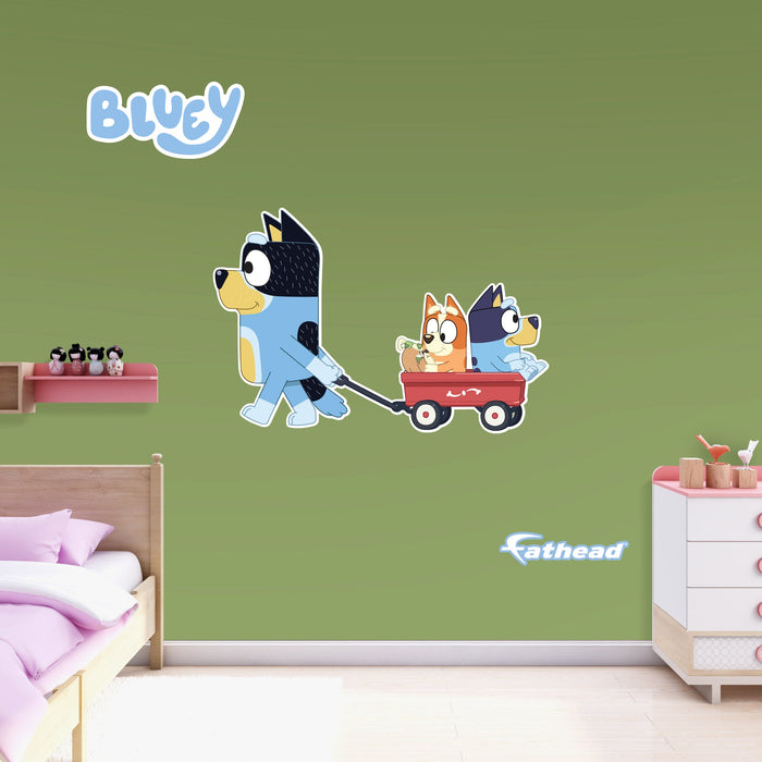 Fathead Bluey: Bandit, Bluey, Bingo Wagon Ride Icon - Officially Licensed BBC Removable Adhesive Decal