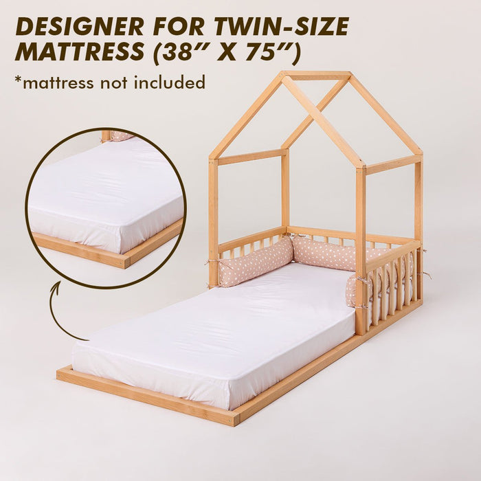 Goodevas Small Wooden Montessori House Floor Bed with Fence and Roof for Kids (35*78 inch)