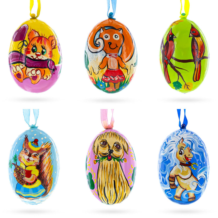 BestPysanky Set of 6, Dog, Cat, Cardinals Birds Wooden Christmas Ornaments 3 Inches