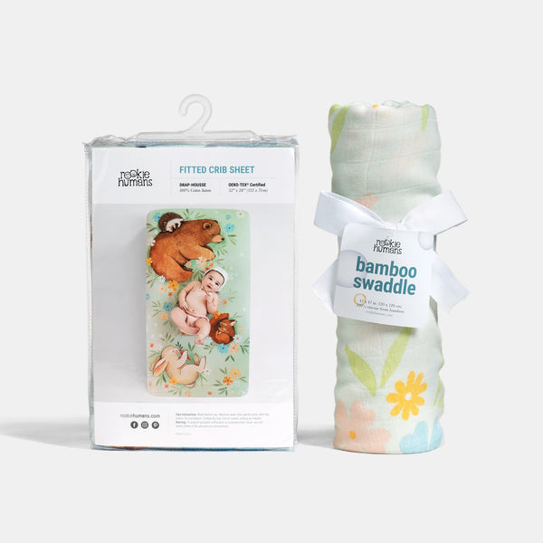 Rookie Humans Crib sheet and Swaddle bundle - Enchanted Meadow