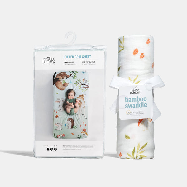 Rookie Humans Crib sheet and Swaddle bundle - Enchanted Forest