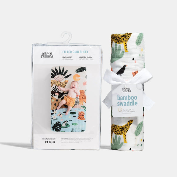 Rookie Humans Crib sheet and Swaddle bundle - In The Jungle