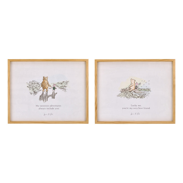 Classic Pooh "Lucky Me, You're My Very Best Friend" Natural Pine Wood Framed Art Canvas Wall Décor