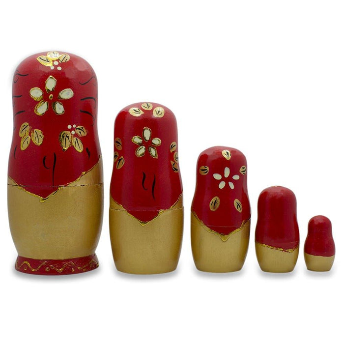 BestPysanky Set of 5 White Flowers on Red Nesting Dolls 6.5 Inches