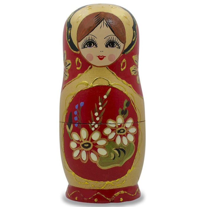 BestPysanky Set of 5 White Flowers on Red Nesting Dolls 6.5 Inches