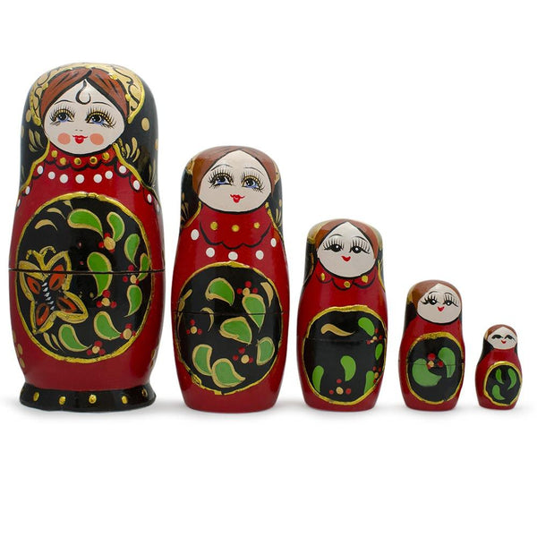 BestPysanky Set of 5 Red & Black Wooden Nesting Dolls Matryoshka 6.5 Inches