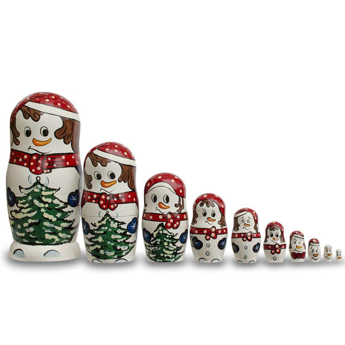 BestPysanky Set of 10 Snowmen with Christmas Tree Wooden Nesting Dolls 10.25 Inches