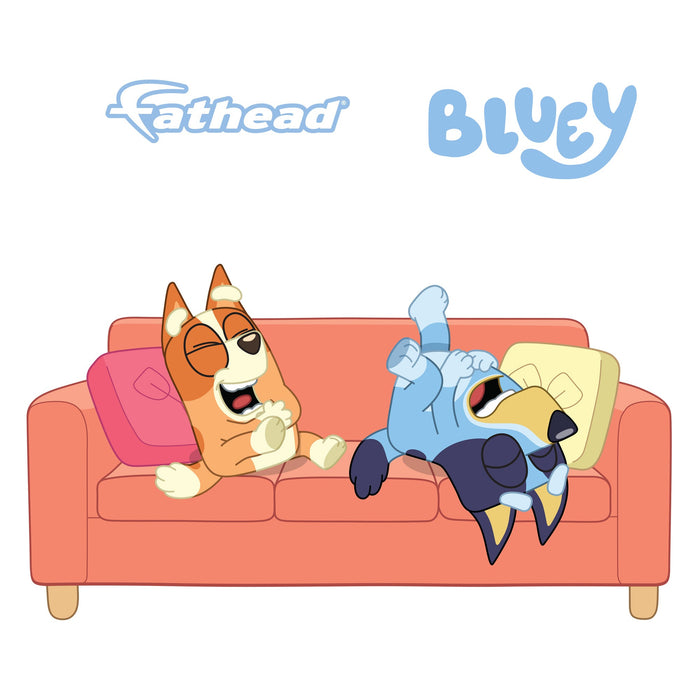 Fathead Bluey: Bluey & Bingo Sisters Laughing on Couch Icon - Officially Licensed BBC Removable Adhesive Decal