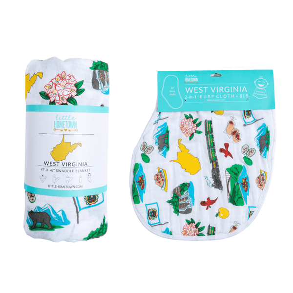 Little Hometown West Virginia Baby Giftset:  Baby Swaddle Blanket and Burp/Bib Combo