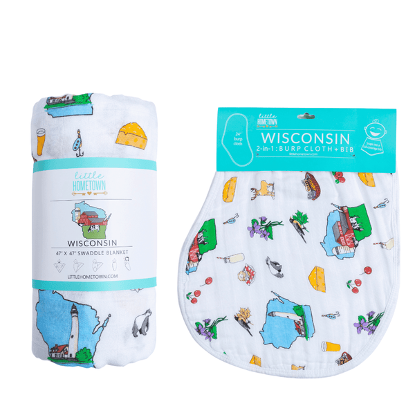 Little Hometown Wisconsin Baby Giftset:  Baby Swaddle Blanket and Burp/Bib Combo