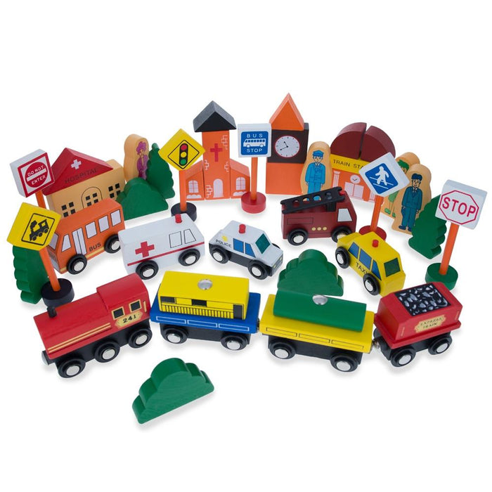 BestPysanky Set of 40 Pieces City Vehicles, Buildings, and Signs Wooden Blocks