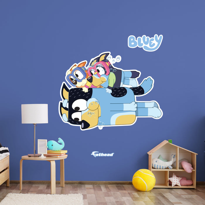 Fathead Bluey: Bandit, Bluey, Bingo Underwater Swim Icon - Officially Licensed BBC Removable Adhesive Decal