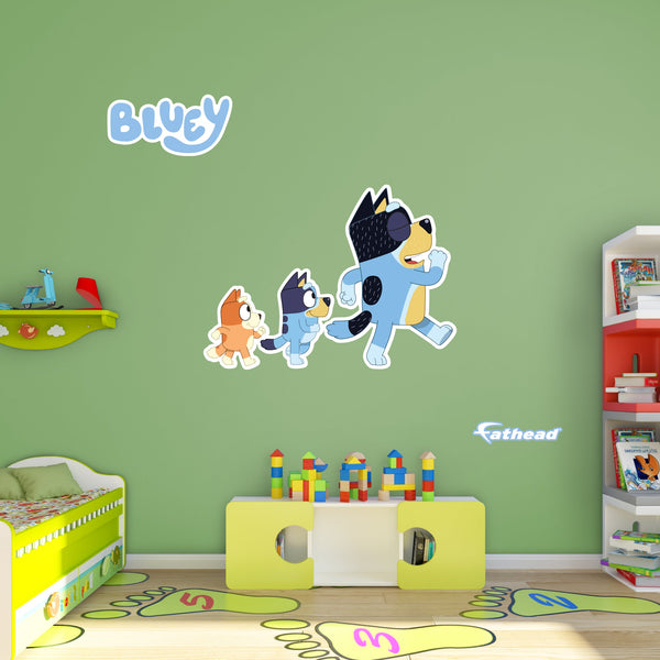 Fathead Bluey: Bandit, Bluey, Bingo Marching Icon - Officially Licensed BBC Removable Adhesive Decal