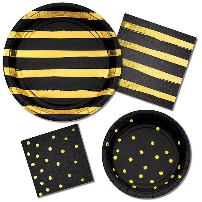 Party Decorations Black And Gold Foil Dot Paper Dessert Plates, 8 ct