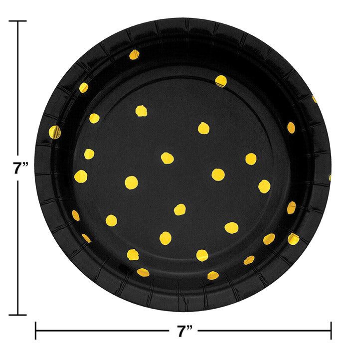 Party Decorations Black And Gold Foil Dot Paper Dessert Plates, 8 ct