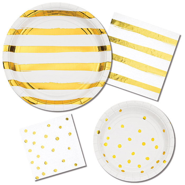 Party Decorations White And Gold Foil Dot Paper Dessert Plates, 8 count