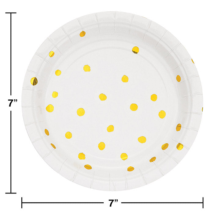 Party Decorations White And Gold Foil Dot Paper Dessert Plates, 8 count