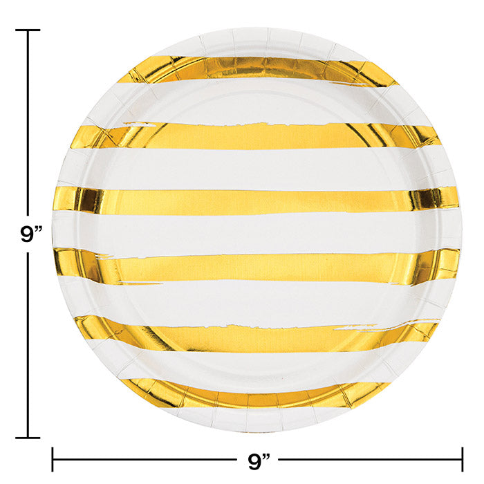 Party Decorations White And Gold Foil Striped Paper Plates, 8 Count