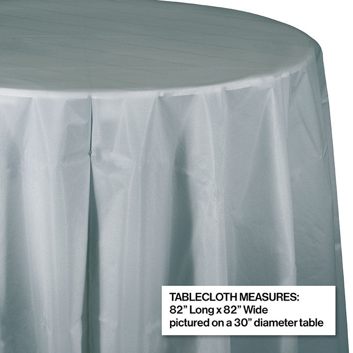 Party Decorations Shimmering Silver Round Plastic Tablecover, 82"