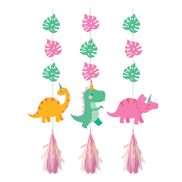 Party Decorations Girl Dino Party Hanging Cutouts W/ Tassles, Iridescent 3ct