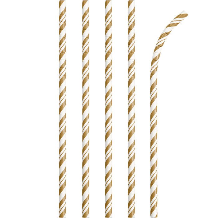 Party Decorations Gold And White Striped Paper Straws, 24 ct