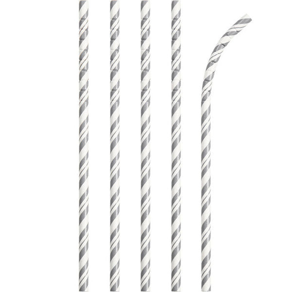 Party Decorations Silver And White Striped Paper Straws, 24 ct