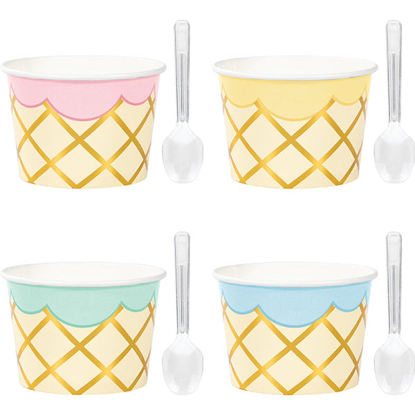 Party Decorations Ice Cream Party 9 oz Paper Treat Cups With Spoons, Foil 8ct