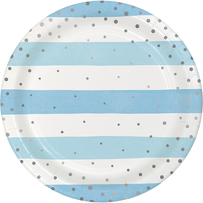 Party Decorations Blue Silver Celebration Dinner Plate, Foil, Stripes 8ct