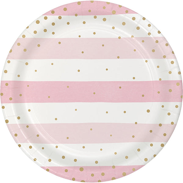 Party Decorations Pink Gold Celebration Dinner Plate, Foil, Stripes 8ct