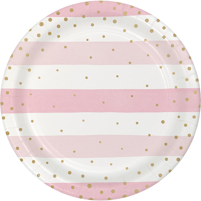 Party Decorations Pink Gold Celebration Dinner Plate, Foil, Stripes 8ct