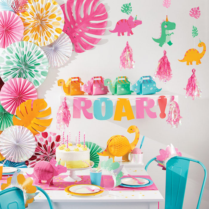 Party Decorations Girl Dino Party Letter Banner W/ Tassles, Iridescent