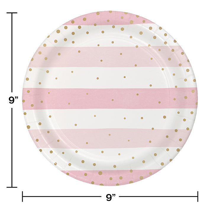 Party Decorations Pink Gold Celebration Dinner Plate, Foil, Stripes 8ct