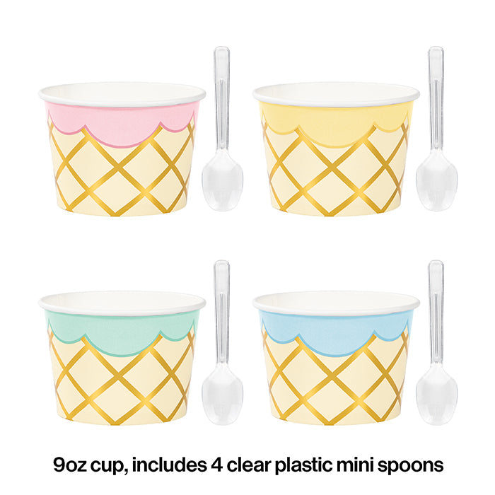 Party Decorations Ice Cream Party 9 oz Paper Treat Cups With Spoons, Foil 8ct