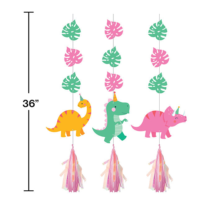 Party Decorations Girl Dino Party Hanging Cutouts W/ Tassles, Iridescent 3ct